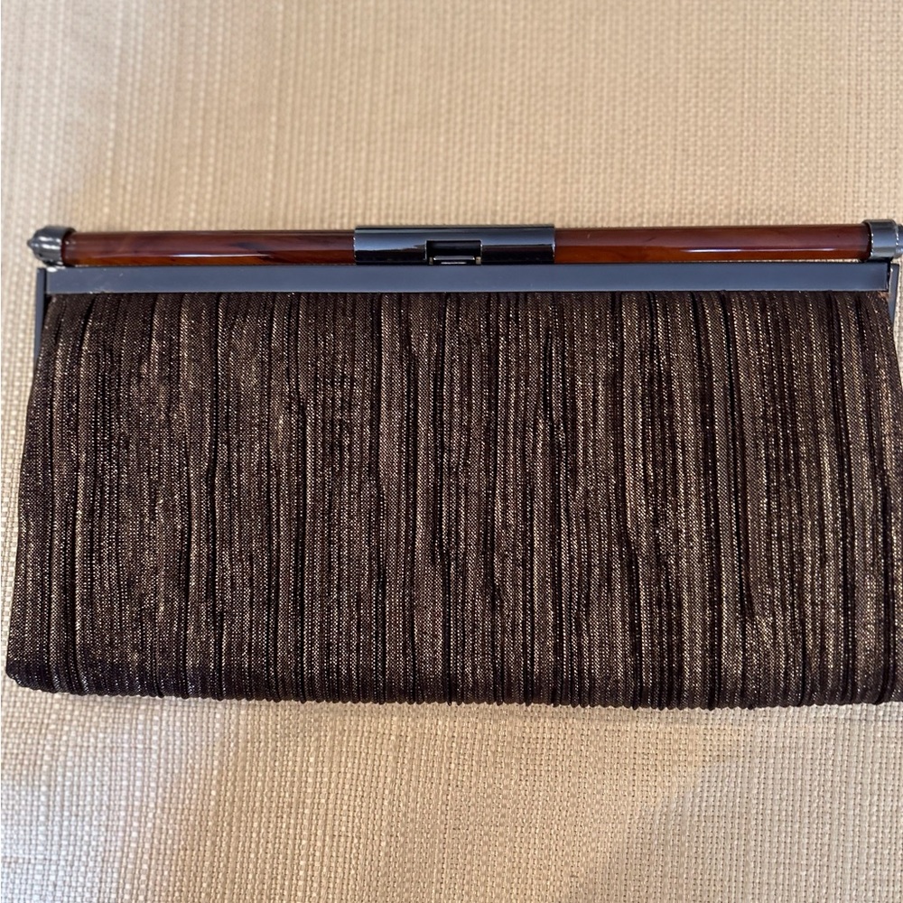 Rachel Roy shimmery gold/dark brown material snap closure clutch.Like ne…
